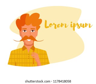 Man holding a fake mustache on a stick Vector. Cartoon. Isolated art on white background. Flat