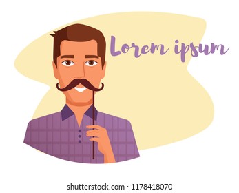 Man holding a fake mustache on a stick Vector. Cartoon. Isolated art on white background. Flat