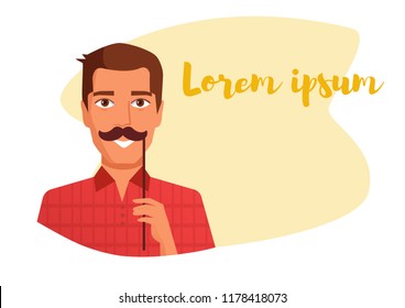 Man holding a fake mustache on a stick Vector. Cartoon. Isolated art on white background. Flat