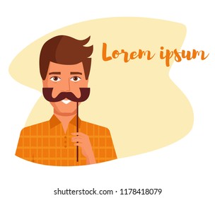 Man holding a fake mustache on a stick Vector. Cartoon. Isolated art on white background. Flat