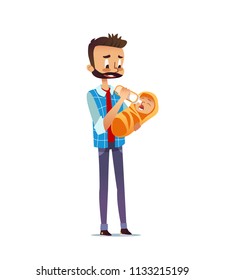 Man holding and feeding newborn child with nursing bottle. Dad giving milk to infant. Single father taking care of baby. Cute cartoon character isolated on white background. Flat vector illustration