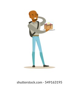Man Holding Festive Birthday Cake Bought In Bakery Shop Speaking On His Mobile Phone Vector Illustration