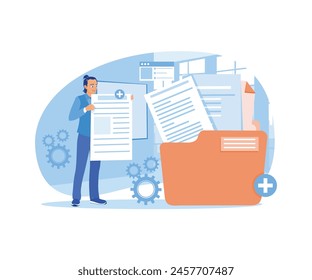 Hombre sosteniendo archivo. Guardar archivos en carpetas principales. Concepto de almacenamiento. Ilustración vectorial plana.