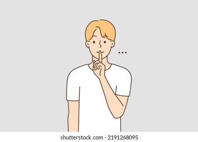 Man holding finger at lips ask be quiet. Young man make hand gesture asking for silence. Nonverbal communication. Vector illustration. 