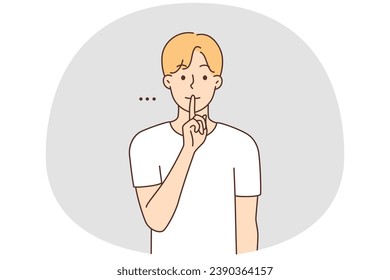 Man holding finger at lips ask be quiet. Young man make hand gesture asking for silence. Nonverbal communication. Vector illustration.