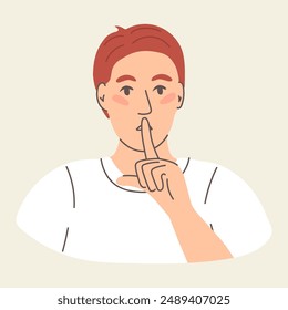 Man holding finger at lips ask be quiet. Young man make hand gesture asking for silence. Nonverbal communication