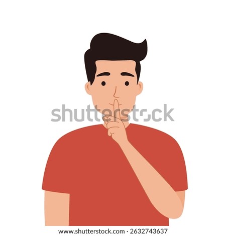 Man holding finger at lips ask be quiet. Young man make hand gesture asking for silence. Nonverbal communication. Vector illustration.