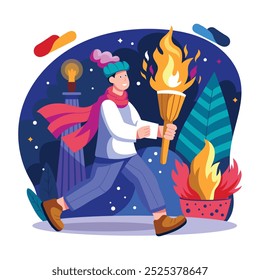 A man holding a fire torch, a flat style illustration 