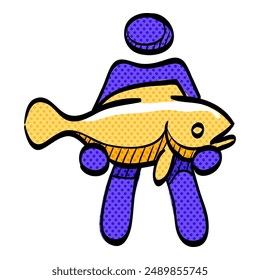 Man holding fish halftone icon hand drawn color vector illustration