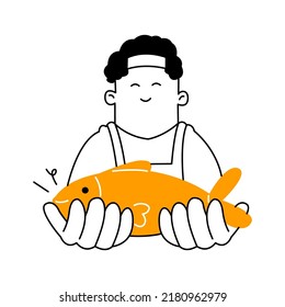 man holding fish in hand. Fresh seafood shop, fish. Outline, linear, thin line, doodle art. Simple style with editable stroke.