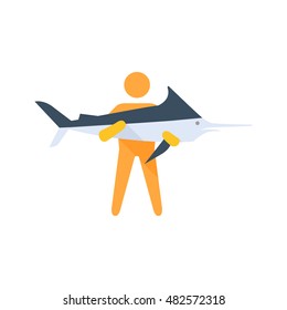 Man holding fish icon in flat color style. Sport water sea trawling fishing
