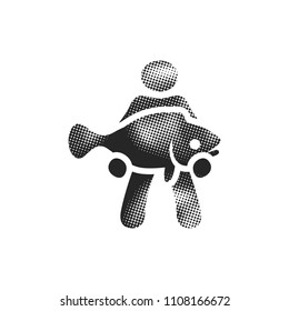 Man holding fish icon in halftone style. Black and white monochrome vector illustration.