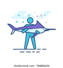 Man holding fish icon in outlined flat color style. Vector illustration.