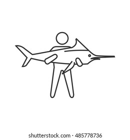 Man holding fish icon in thin outline style. Fishing fisherman catch sea animal water sport