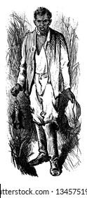 A man holding fish in one hand and hat in another hand, vintage line drawing or engraving illustration