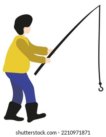 Man Holding A Fishing Rod With A Hook. Vector Cartoon Faceless Character Isolated On Transparent Background