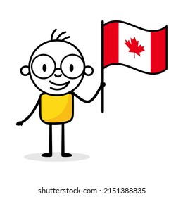 Man holding flag of Canada isolated on white background. Hand drawn doodle line art man. Concept of country. Vector stock illustration