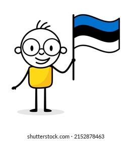 Man holding flag of Estonia isolated on white background. Hand drawn doodle line art man. Concept of country. Vector stock illustration