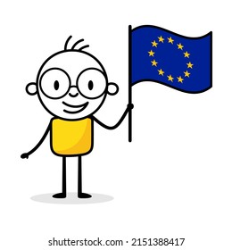 Man holding flag of European Union isolated on white background. Hand drawn doodle line art man. Concept of country. Vector stock illustration