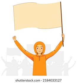 A man holding a flag in hands. Group of people are standing behind for support protests