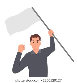 A man holding a flag in hands and supporting protest.  Flat vector illustration isolated on white background