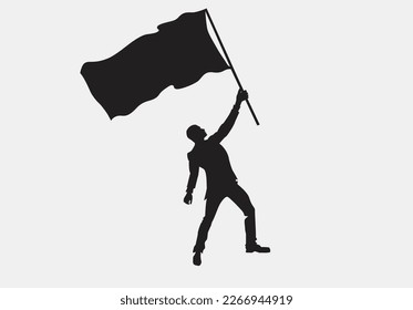 Un hombre sostiene una bandera en alto, una ilustración vectorial plana