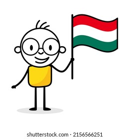 Man holding flag of Hungary isolated on white background. Hand drawn doodle line art man. Concept of country. Vector stock illustration