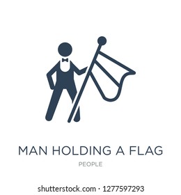 man holding a flag icon vector on white background, man holding a flag trendy filled icons from People collection, man holding a flag vector illustration