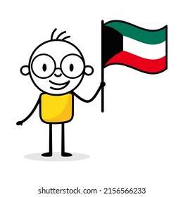 Man holding flag of Kuwait isolated on white background. Hand drawn doodle line art man. Concept of country. Vector stock illustration