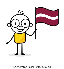 Man holding flag of Latvia isolated on white background. Hand drawn doodle line art man. Concept of country. Vector stock illustration