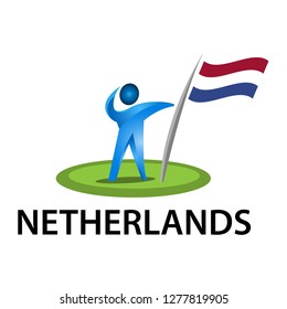 Man holding a flag of Netherlands, Vector illustration on white background.