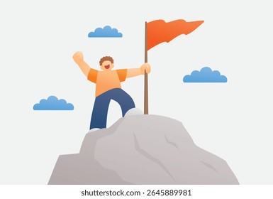 man holding flag on mountain illustration graphic vector