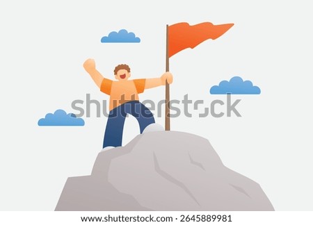 man holding flag on mountain illustration graphic vector