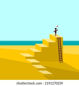 Man Holding Flag Up On Stairs With Sea On Background - Business Success Or Rescue Symbol - Vector