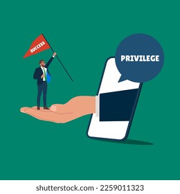 Man holding flag on top of hand. Become success because of privilege. Modern vector illustration in flat style