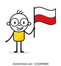 Man holding flag of Poland isolated on white background. Hand drawn doodle line art man. Concept of country. Vector stock illustration