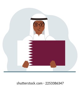 A man is holding the flag of Qatar in his hands. The concept of demonstration, national holiday or patriotism. Nationality. Vector flat illustration