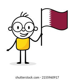 Hombre con la bandera de Qatar aislado de fondo blanco. Hombre de arte de la línea del doodle dibujado a mano. Concepto de país. Ilustración de material vectorial
