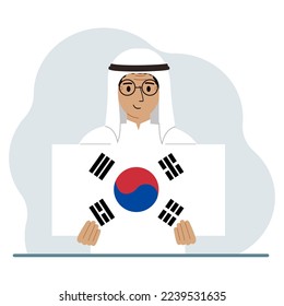 A man is holding the flag of South Korea. The concept of demonstration, national holiday, independence day or patriotism. Nationality. Vector flat illustration