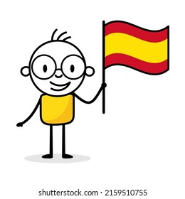 Man holding flag of Spain isolated on white background. Hand drawn doodle line art man. Concept of country. Vector stock illustration