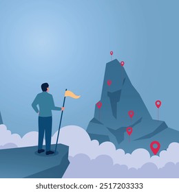 A man holding a flag standing looking far away at the top of a mountain, an illustration for exploring business, market prediction, journey to success.