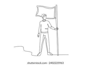 A man holding a flag of success. Business goal one-line drawing