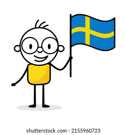 Man holding flag of Sweden isolated on white background. Hand drawn doodle line art man. Concept of country. Vector stock illustration