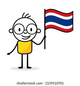 Man holding flag of Thailand isolated on white background. Hand drawn doodle line art man. Concept of country. Vector stock illustration