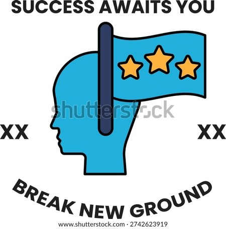 A man holding a flag with three stars on it. The words "success awaits you" are written above the man