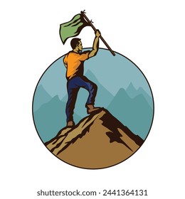 A man holding flag in the top of mountain vector illustration is retro style