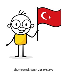 Man holding flag of Turkey isolated on white background. Hand drawn doodle line art man. Concept of country. Vector stock illustration