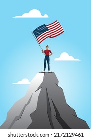 A man holding the flag of USA on top of a mountain, vector illustration