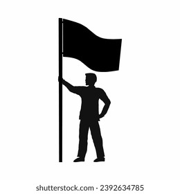 Ilustración vectorial de la bandera sujeta por el hombre. Personas con recursos gráficos de marca para iconos, símbolos o signos. Hombre sostiene silueta de bandera para la libertad, independencia o patriotismo