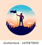 Man holding flagpole with waving flag on hilltop, looking at the freedom of nature. Forest, clouds and sky. Retro warm colours, winner, accomplishment and success concept. Circular vector illustration